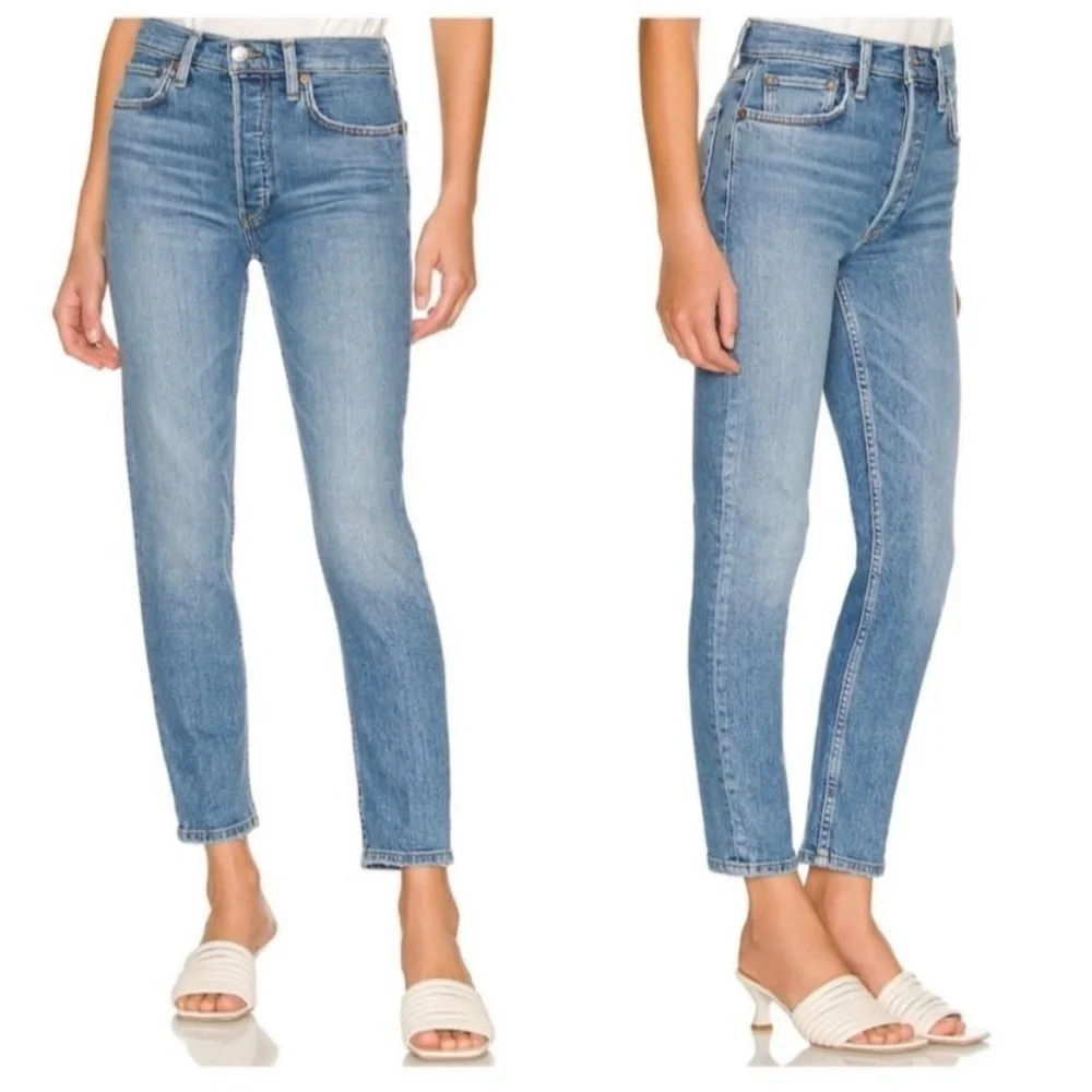 Re/Done High Rise Ankle Crop Stretch Button Fly Jean Medium Blue Size 27